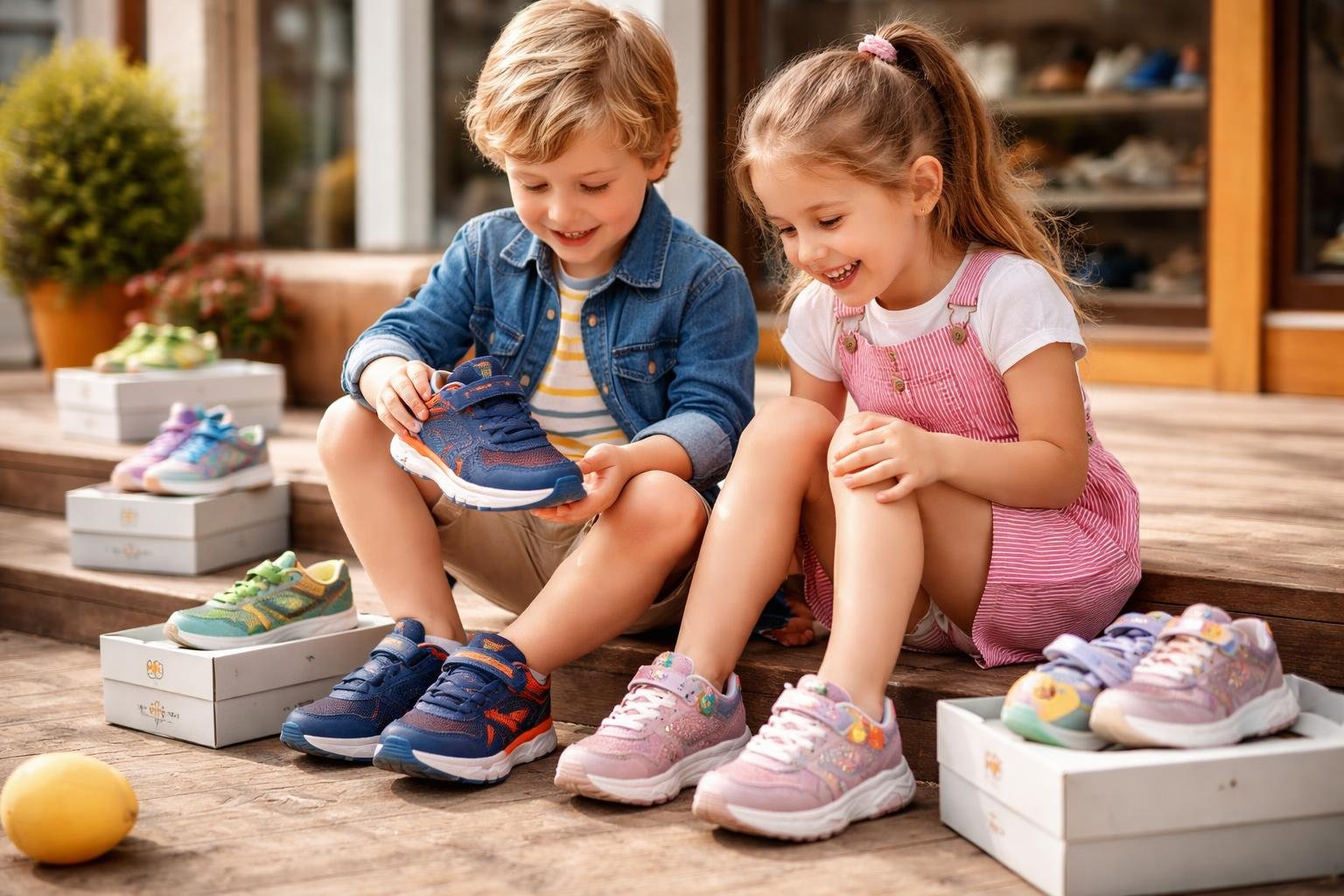 Két gyermek ül a lépcsőn, Geox gyerekcipőket próbálnak fel, vidám hangulatban.