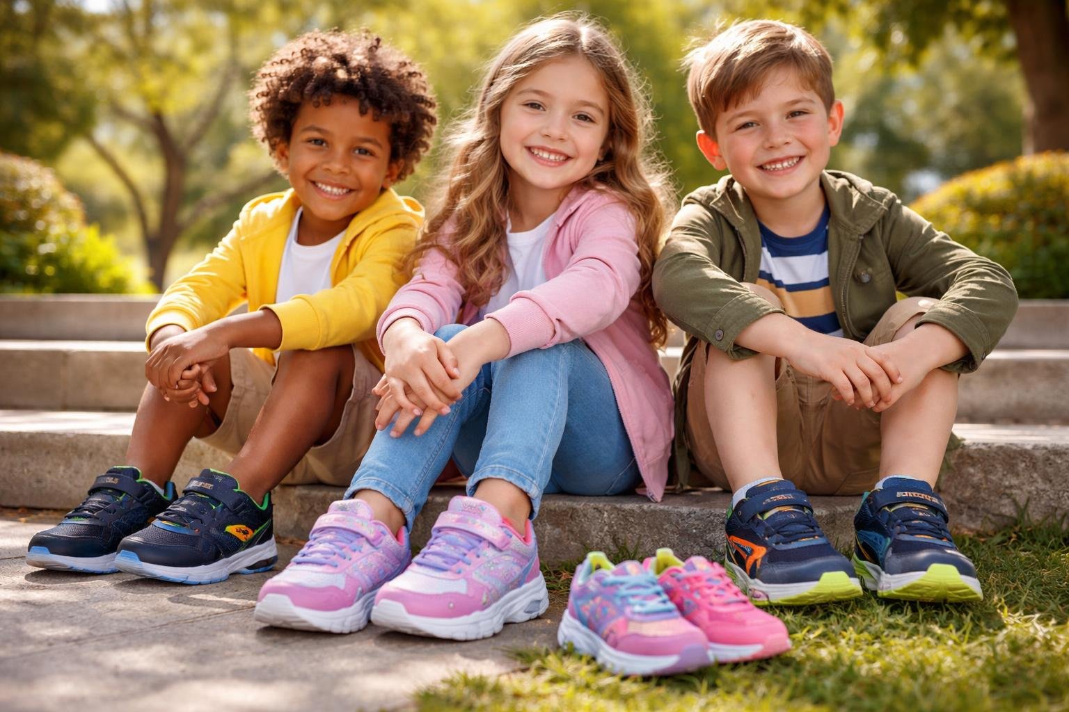 Három gyerek ül a lépcsőn, színes Skechers gyerekcipőkben, vidám hangulatban.