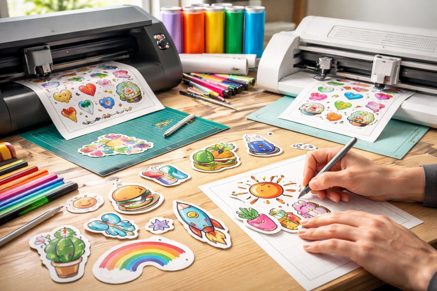Kreatív matrica készítés folyamatban, színes rajzok és vágógép mellett.