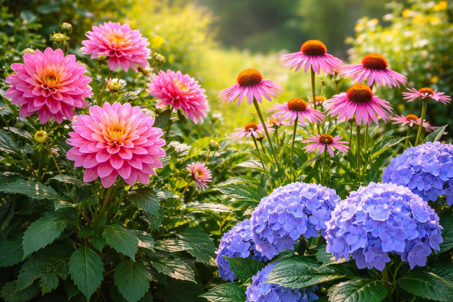 Színes dália, levendula és sásliliom virágok egy gyönyörű kertben.