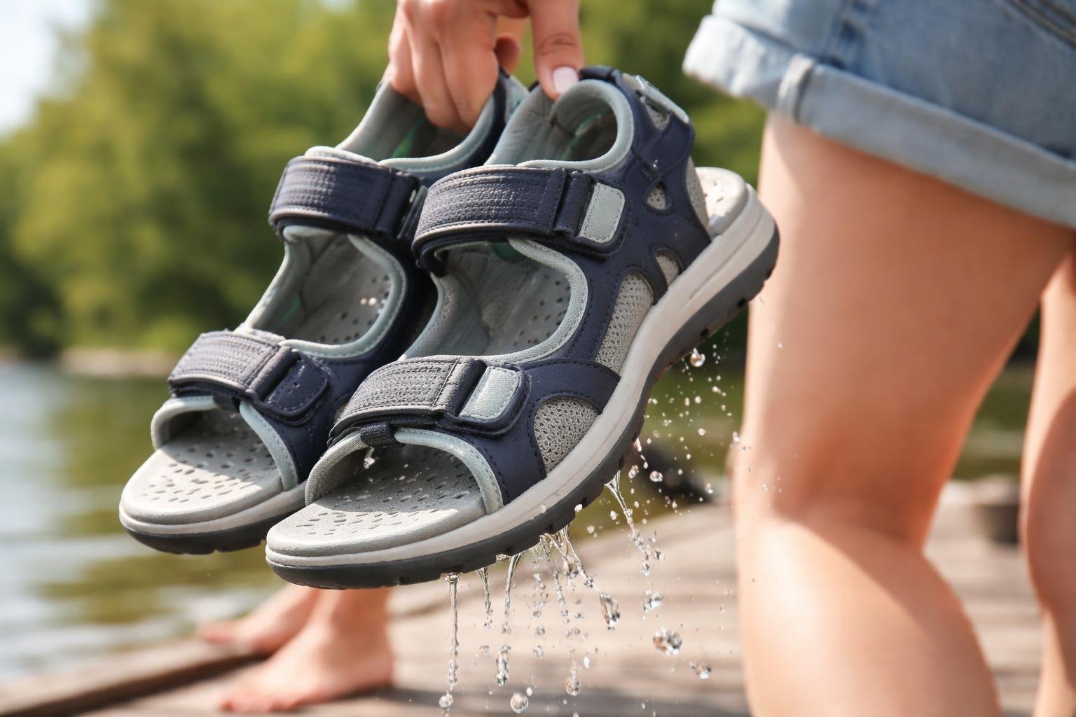 Két Geox szandál, vízcseppekkel, egy kézben, a vízpart közelében.