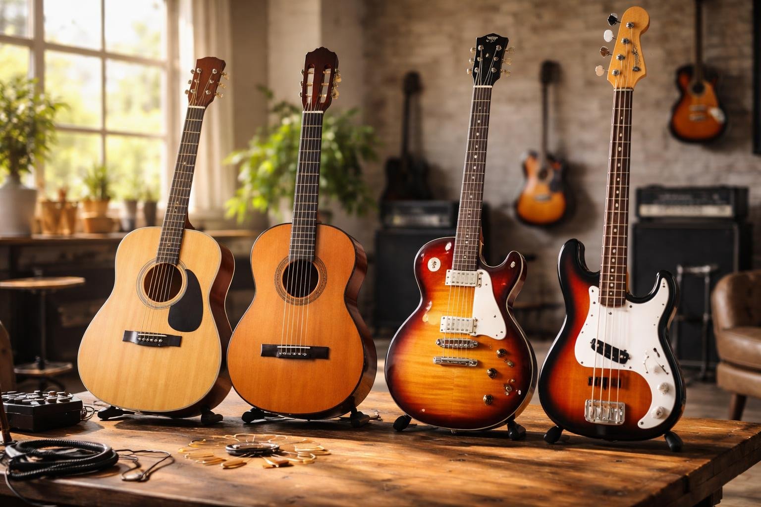 Különböző gitártípusok: klasszikus, akusztikus, elektromos és basszusgitár egy asztalon.