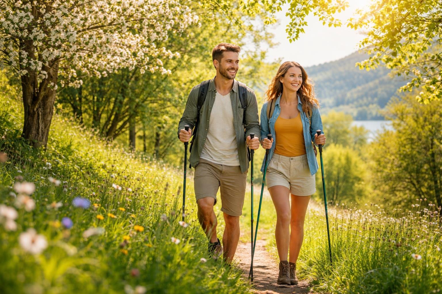 Két fiatal, boldog túrázó sétál egy virágzó fák alatt, napfényben.
