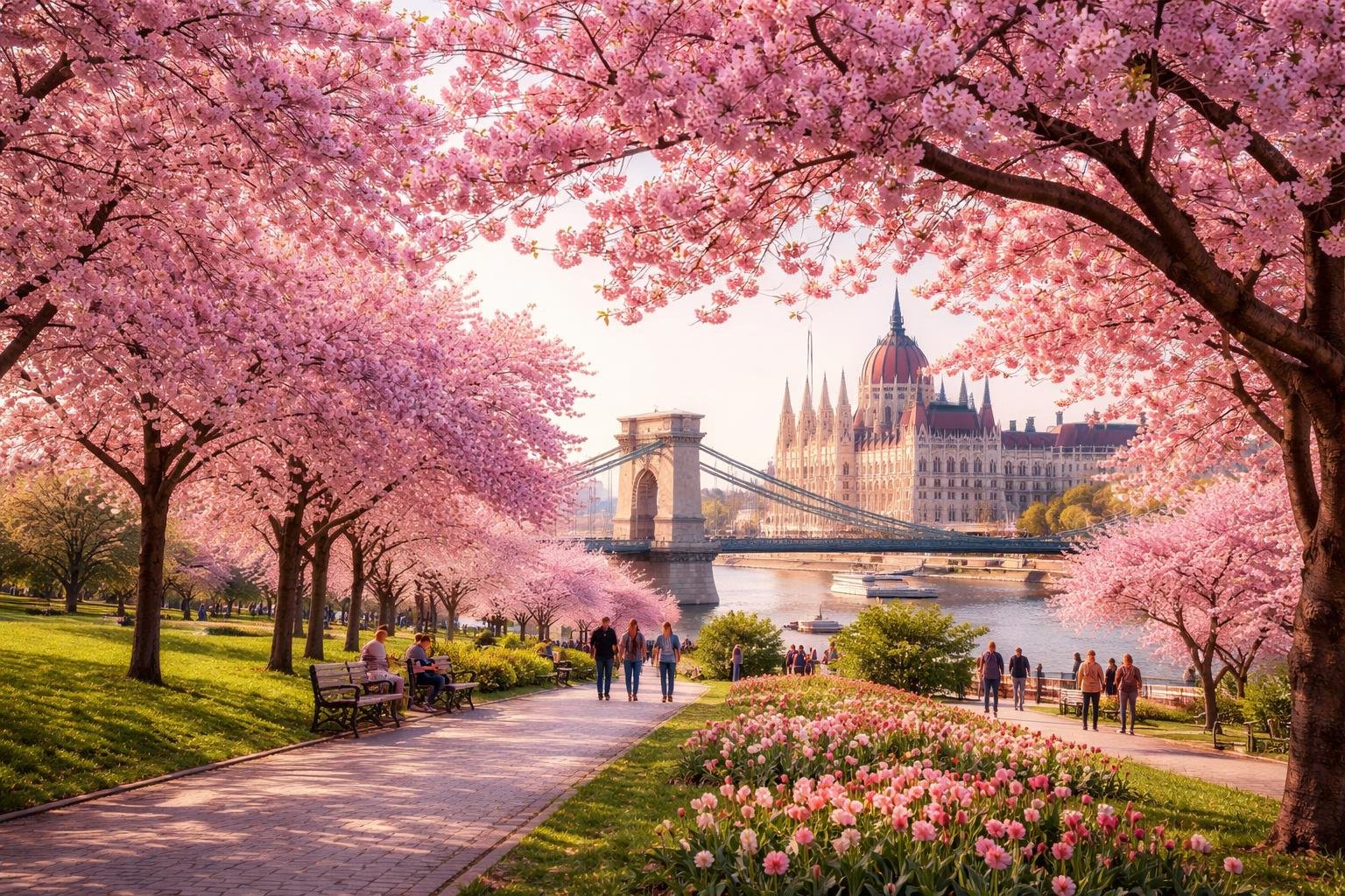 Cseresznyevirágokkal övezett sétaút Budapest szívében, háttérben a Parlament.