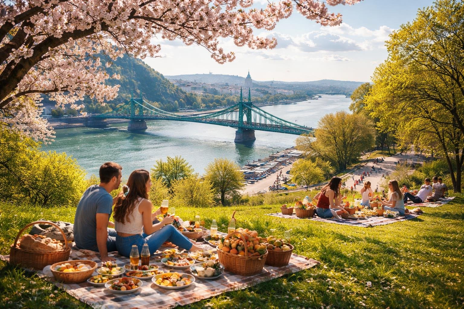 Tavaszi piknik Budapest gyönyörű zöld területén, a Szabadság híd látható a háttérben.
