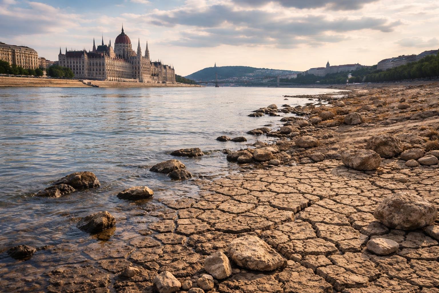 A Duna alacsony vízszintje és a kiszáradt part mentén látható kövek Budapesten.
